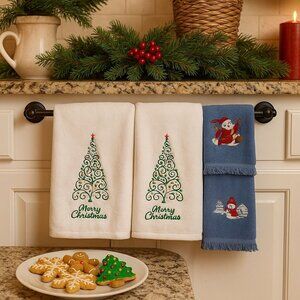 Christmas Embroidered Towels Merry Xmas Tree Snowman Holiday Kitchen Bath Set 4